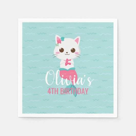 マーメイド子猫誕生日パーティー スタンダードカクテルナプキン (正面)
