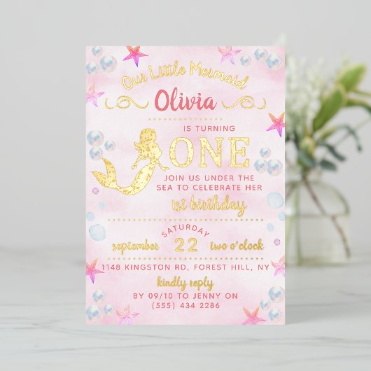 マーメイド実在フォイルプレス1st誕生日招待状 箔招待状 (立ち正面)