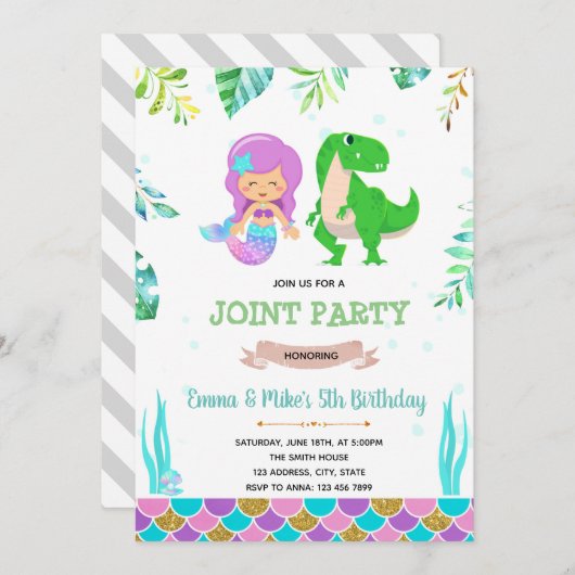 マーメイド恐竜パーティの招待状 招待状 (正面/裏面)