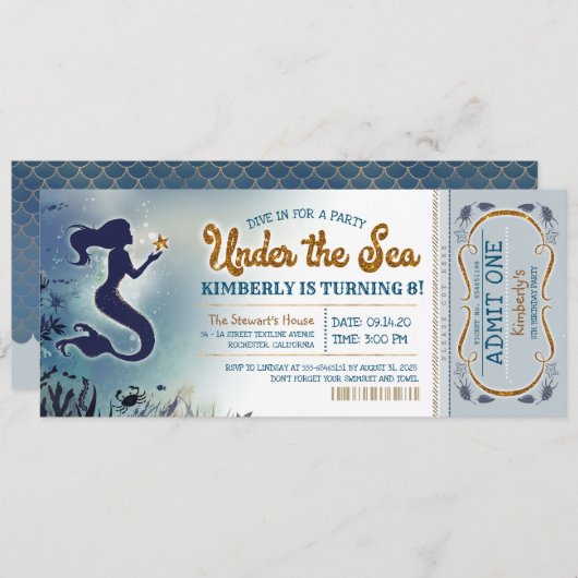 マーメイド招待状アンダーザシーグリッター誕生日 招待状 (正面/裏面)