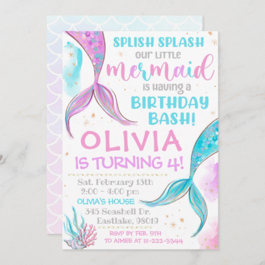 マーメイド招待状マーメイド誕生日招待状 招待状 (正面/裏面)