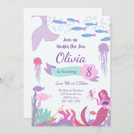 マーメイド招待状マーメイド誕生日招待状 招待状 (正面/裏面)