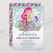 マーメイド招待状誕生パーティーホットピンク金ゴールド 招待状 (正面/裏面)