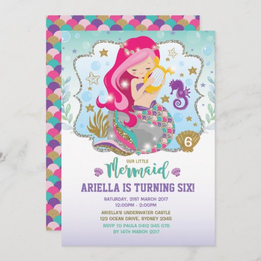 マーメイド招待状誕生パーティーホットピンク金ゴールド 招待状 (正面/裏面)
