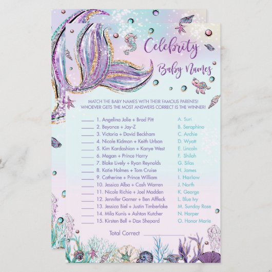 マーメイド有名人ベビーネームゲームシャワーアクティビティ (正面/裏面)