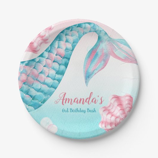 マーメイド水彩色誕生日 ペーパープレート (正面)