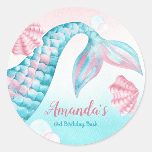 マーメイド水彩誕生日招待状 ラウンドシール (正面)