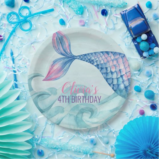 マーメイド水彩誕生日紙プレート ペーパープレート (パーティー)
