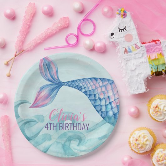 マーメイド水彩誕生日紙プレート ペーパープレート (パーティー)