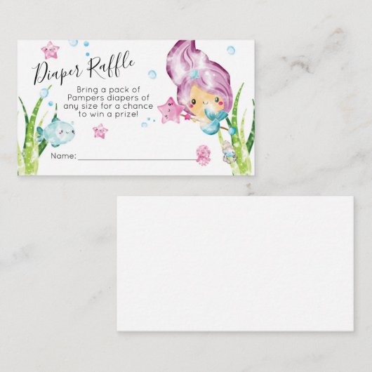 マーメイド水彩赤ちゃんシャワーおむつラッフルカード エンクロージャーカード (正面/裏面)