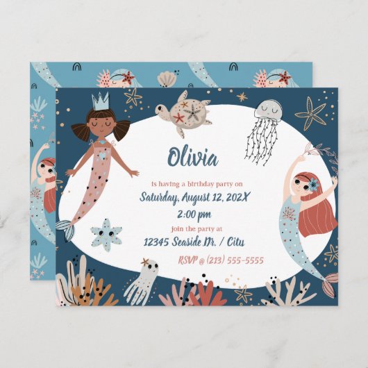 マーメイド海シービーチパーティータコ誕生日キッド 招待状 (正面/裏面)
