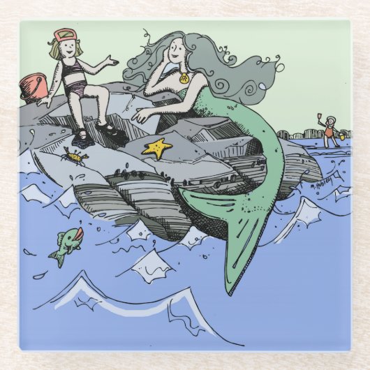 マーメイド海岸可愛い漫画ビーチのチャイルドアート ガラスコースター (正面)