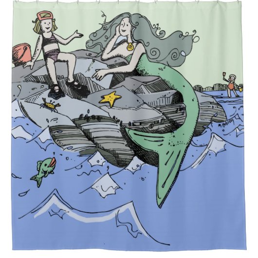 マーメイド海岸可愛い漫画ビーチのチャイルドアート シャワーカーテン (正面)