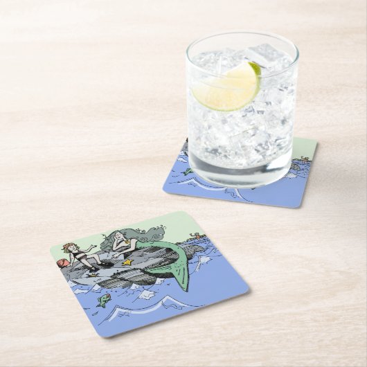 マーメイド海岸可愛い漫画ビーチのチャイルドアート スクエアペーパーコースター (インサイチュ)