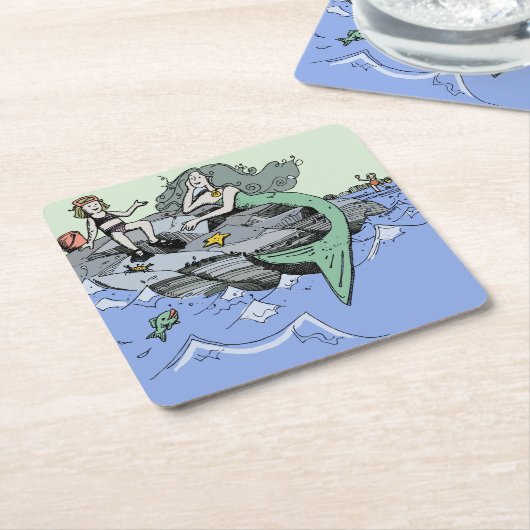 マーメイド海岸可愛い漫画ビーチのチャイルドアート スクエアペーパーコースター (アングル)