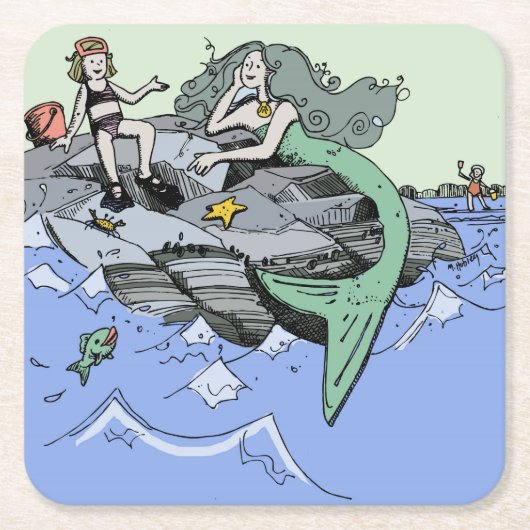 マーメイド海岸可愛い漫画ビーチのチャイルドアート スクエアペーパーコースター (正面)