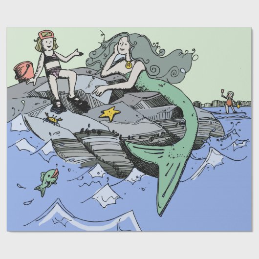 マーメイド海岸可愛い漫画ビーチのチャイルドアート ラッピングペーパー (フラット)