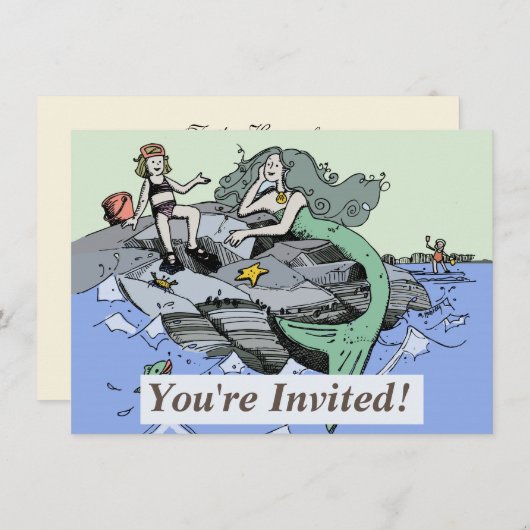 マーメイド海岸可愛い漫画ビーチのチャイルドアート 招待状 (正面/裏面)