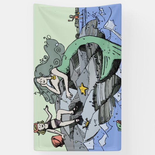 マーメイド海岸可愛い漫画ビーチのチャイルドアート 横断幕 (縦)