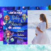 マーメイド深いブルーパープルシーフォトベビーシャワー 招待状
