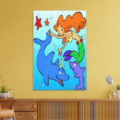 マーメイド漫画海水中イルカ芸術作品 キャンバスプリント (インサイチュ (リビング))