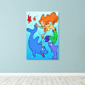 マーメイド漫画海水中イルカ芸術作品 キャンバスプリント (インサイチュ (ウッドフロア))