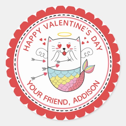 マーメイド猫かわいいバレンタパーソナライズされたイン ラウンドシール (正面)