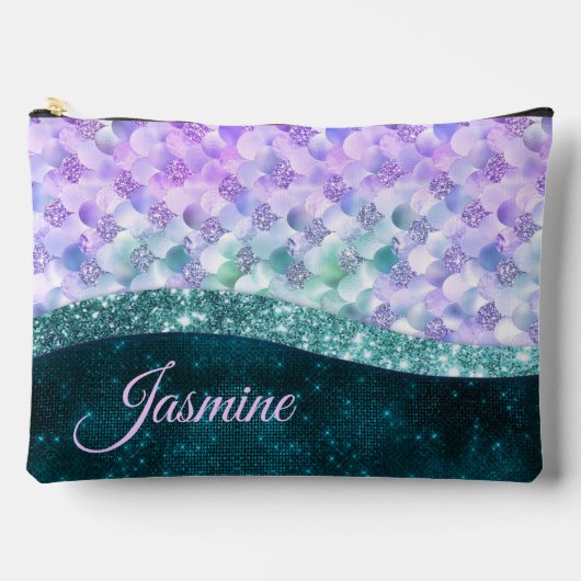 マーメイド皮膚ティール(緑がかった色)銀フェイクグリッターモノグラム アクセサリーポーチ (正面)