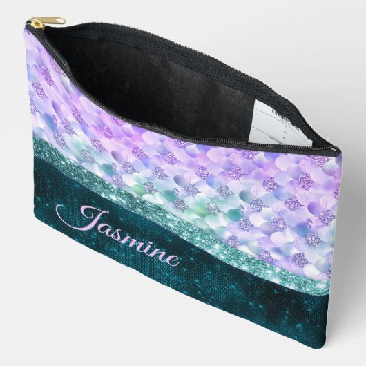 マーメイド皮膚ティール(緑がかった色)銀フェイクグリッターモノグラム アクセサリーポーチ (見開き)