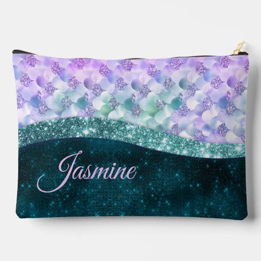 マーメイド皮膚ティール(緑がかった色)銀フェイクグリッターモノグラム アクセサリーポーチ (裏面)