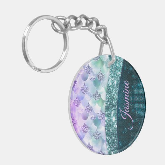 マーメイド皮膚ティール(緑がかった色)銀フェイクグリッターモノグラム キーホルダー (正面左)
