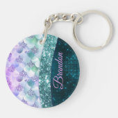 マーメイド皮膚ティール(緑がかった色)銀フェイクグリッターモノグラム キーホルダー (裏面)