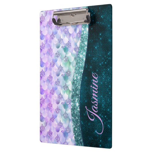 マーメイド皮膚ティール（緑がかった色）銀フェイクグリッターモノグラム クリップボード (左)