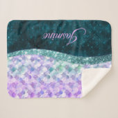 マーメイド皮膚ティール(緑がかった色)銀フェイクグリッターモノグラム シェルパブランケット (正面(横))