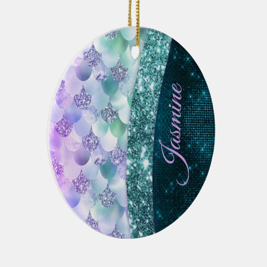 マーメイド皮膚ティール（緑がかった色）銀フェイクグリッターモノグラム セラミックオーナメント (右)