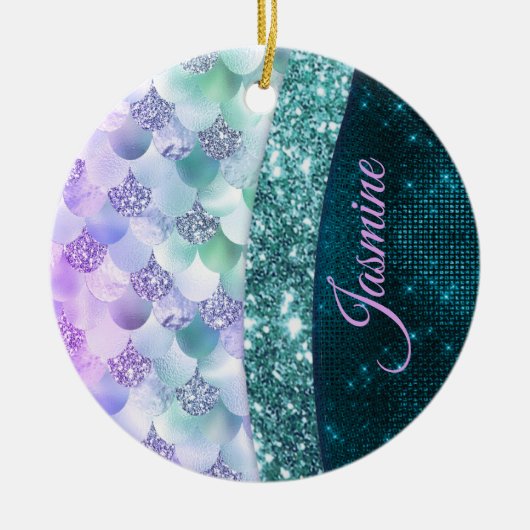 マーメイド皮膚ティール(緑がかった色)銀フェイクグリッターモノグラム セラミックオーナメント (正面)