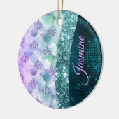 マーメイド皮膚ティール(緑がかった色)銀フェイクグリッターモノグラム セラミックオーナメント (左)