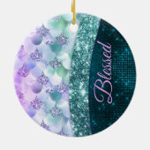 マーメイド皮膚ティール(緑がかった色)銀フェイクグリッターモノグラム セラミックオーナメント (裏面)