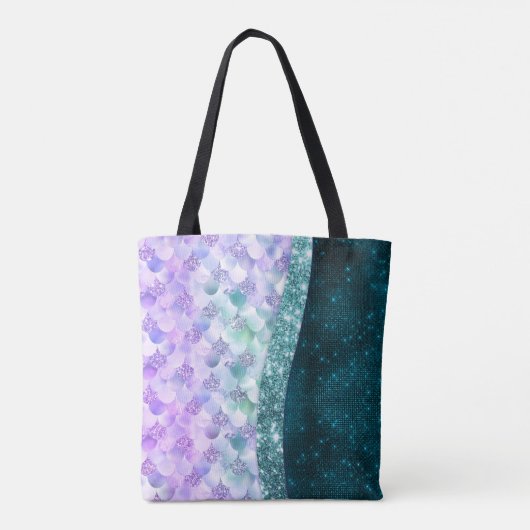 マーメイド皮膚ティール(緑がかった色)銀フェイクグリッターモノグラム トートバッグ (裏面)