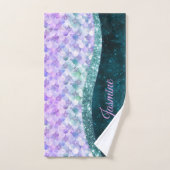 マーメイド皮膚ティール(緑がかった色)銀フェイクグリッターモノグラム バスタオルセット (ハンドタオル)