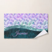 マーメイド皮膚ティール(緑がかった色)銀フェイクグリッターモノグラム バスタオルセット (ハンドタオル)