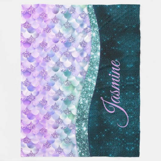 マーメイド皮膚ティール(緑がかった色)銀フェイクグリッターモノグラム フリースブランケット (正面)