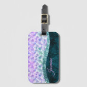 マーメイド皮膚ティール（緑がかった色）銀フェイクグリッターモノグラム ラゲッジタグ (正面縦)