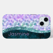 マーメイド皮膚ティール(緑がかった色)銀フェイクグリッターモノグラム Case-Mate iPhoneケース (裏面 (横))