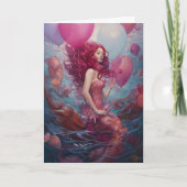 マーメイド絵画の誕生日風船ピンク カード (正面)