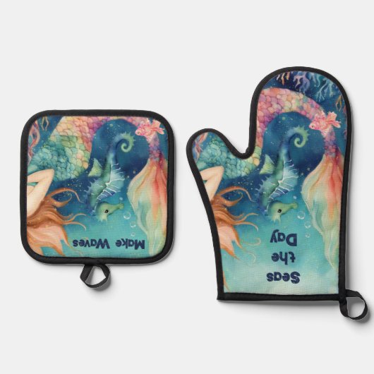 マーメイド航海のシーホース感動的ことわざ 鍋つかみ&鍋敷きセット (正面)