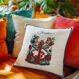 マーメイド航海のフローラレッドブルー クッション