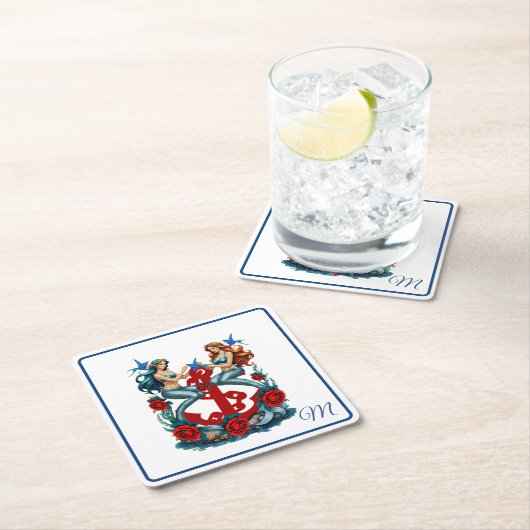 マーメイド航海のフローラレッドブルー スクエアペーパーコースター (インサイチュ)