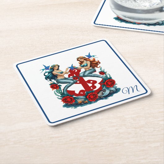 マーメイド航海のフローラレッドブルー スクエアペーパーコースター (アングル)
