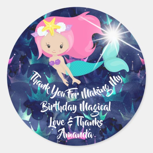 マーメイド誕生日お気に入り女の子スパークブレイドピンク海 ラウンドシール (正面)